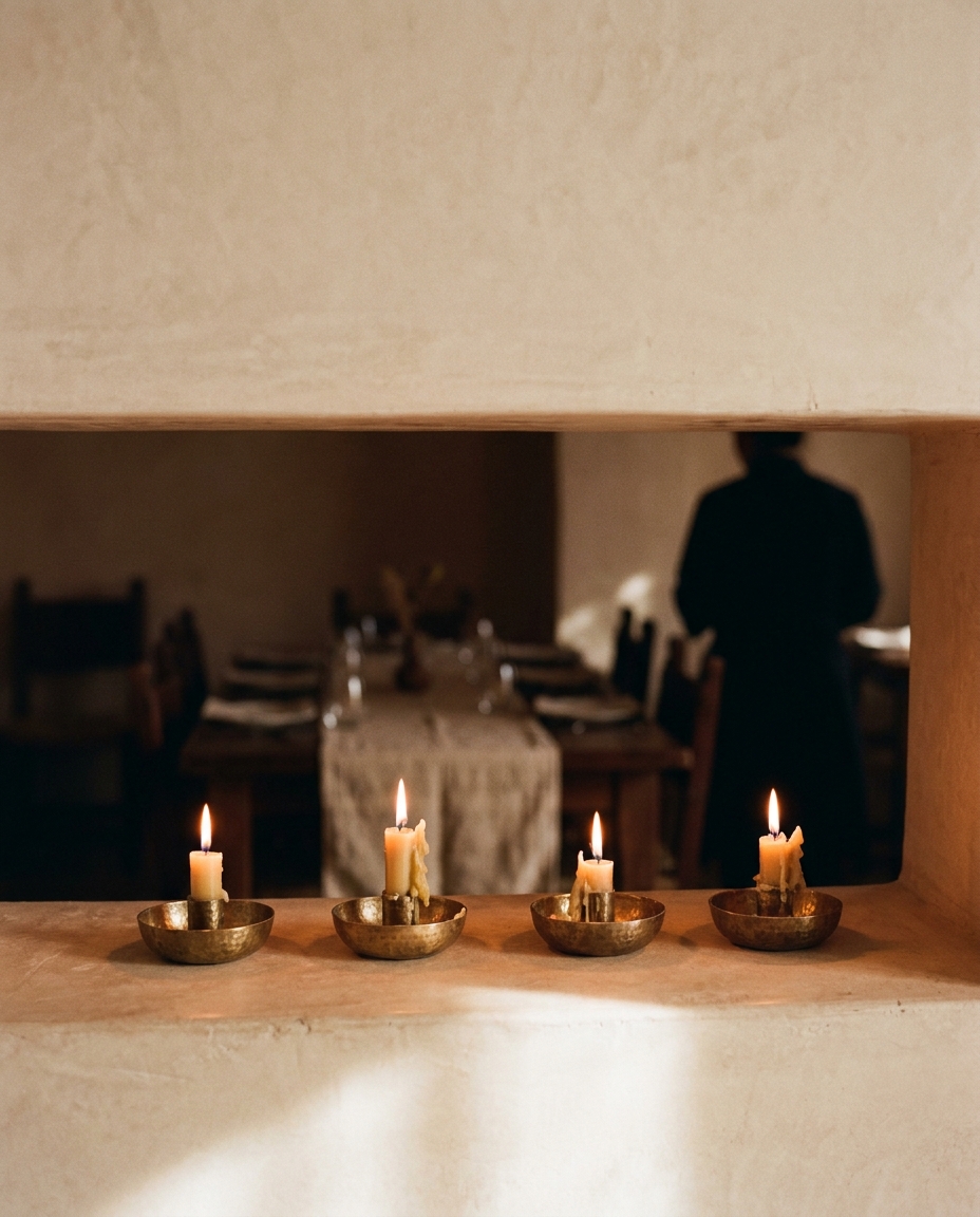 Bougies en laiton sur un muret de tadelakt, salle de dîner en arrière-plan flou — ambiance du soir.