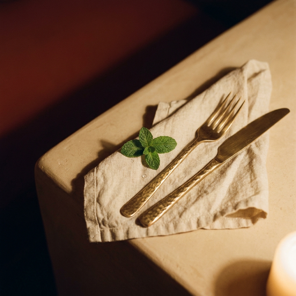 Détail d’un verre de vin posé sur la nappe de lin, lumière de bougie, mise en place. Format carré 1:1.