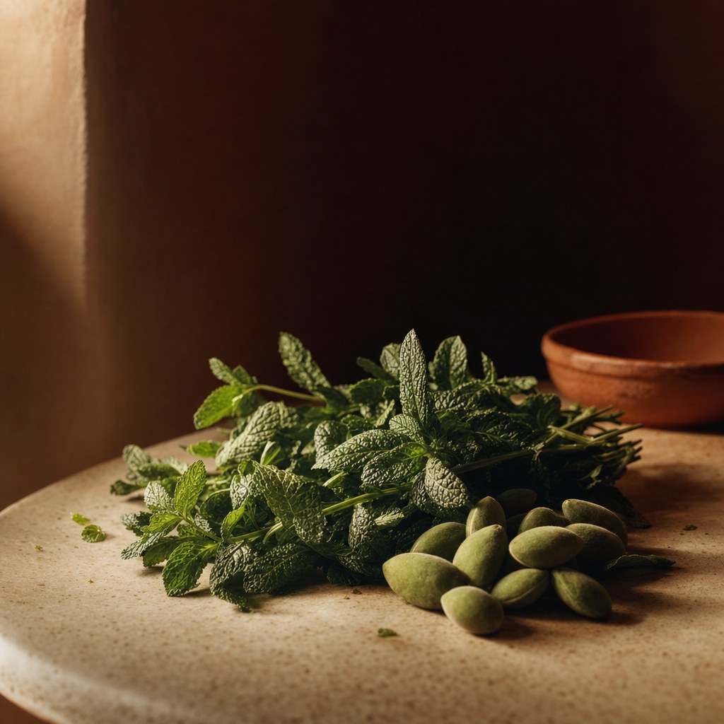 Détail d’un bouquet de menthe nanah et amandes vertes posé sur le plan de travail, lumière de fenêtre.