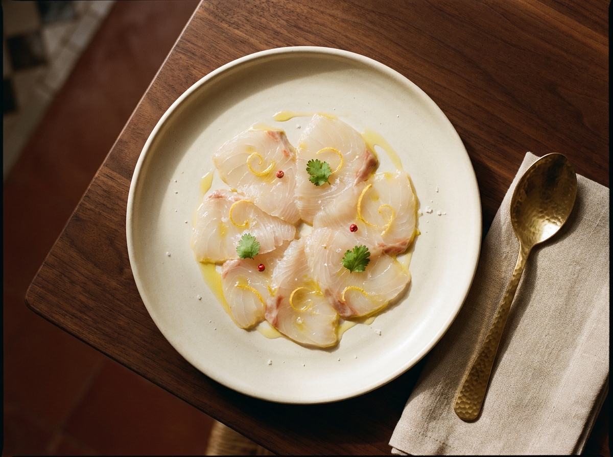 Plat principal du menu Découverte — carpaccio de daurade royale, citron beldi confit, huile d’argan, plan zénithal. Format 16:9.