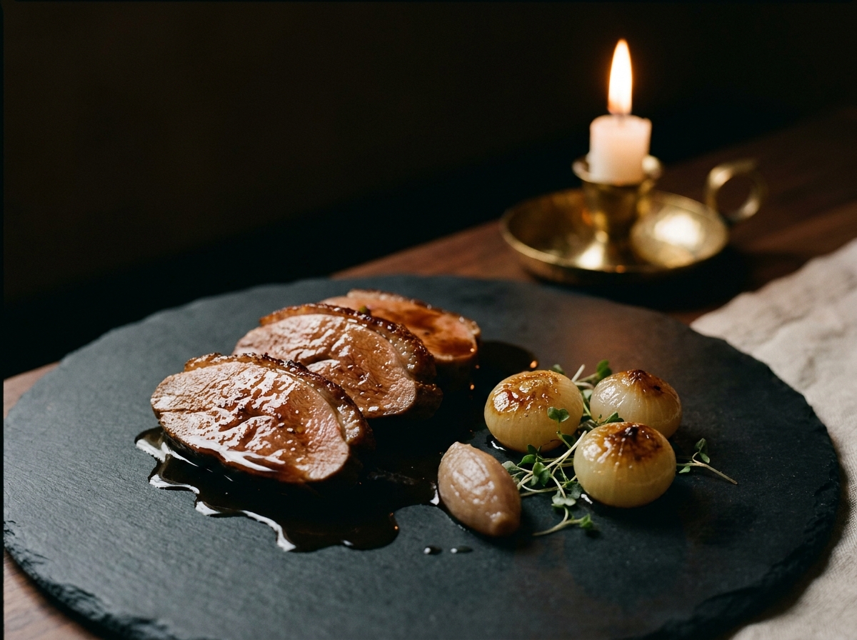 Plat principal du menu Saison — agneau de l’Atlas confit douze heures, échalote brûlée, persillade, dressage minimal, plan zénithal. Format 16:9.