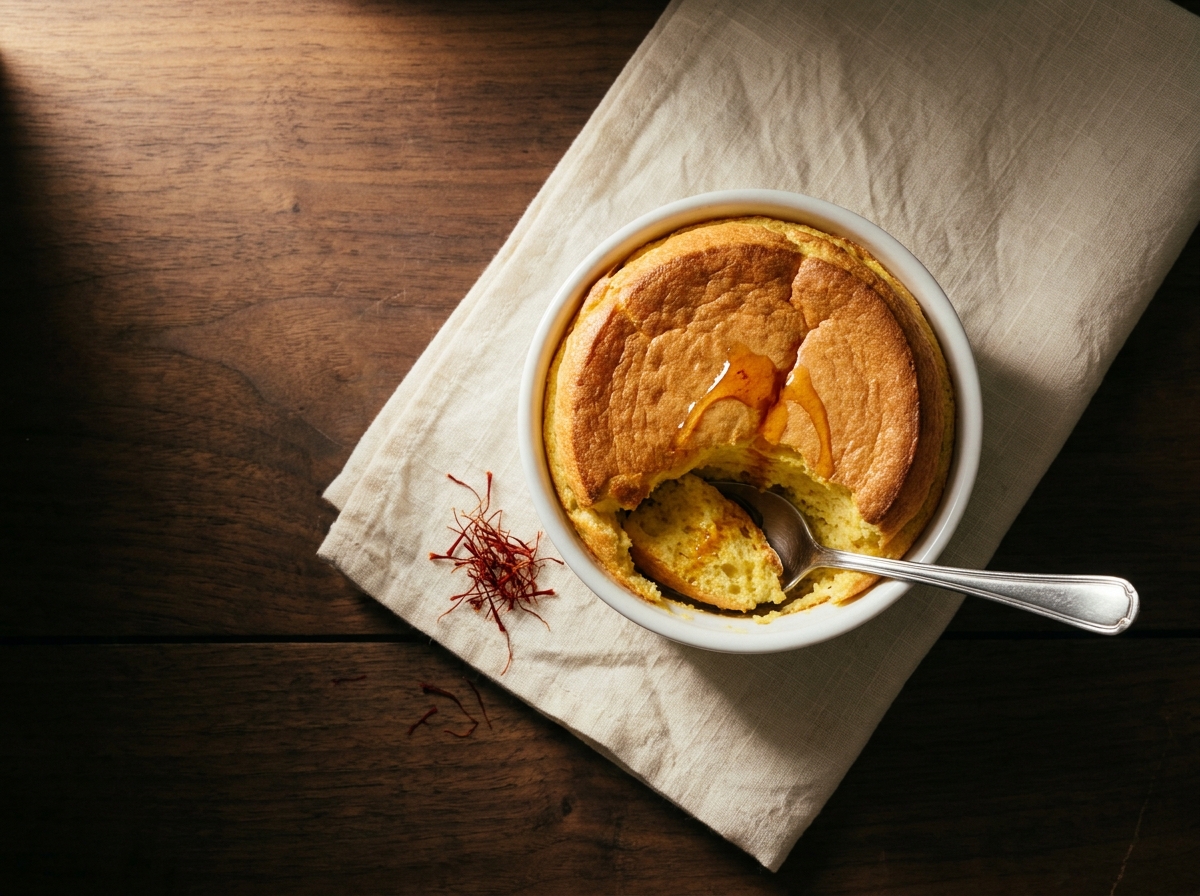 Soufflé tiède au safran de Taliouine au sortir du four, vapeur visible à la lumière, ramequin sur lin écru.