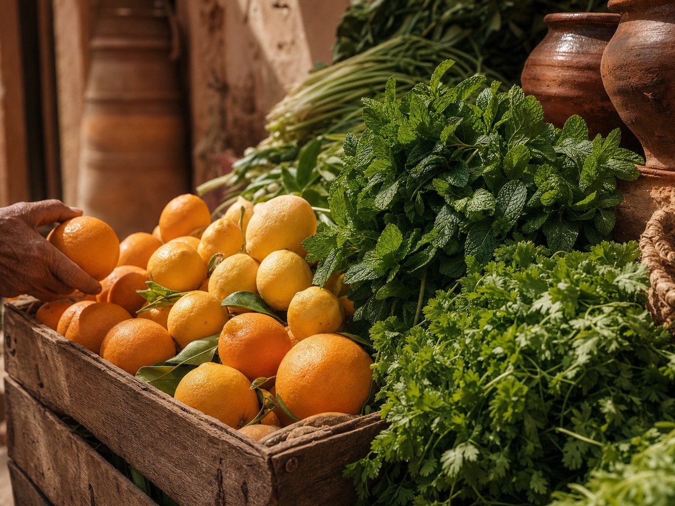 Le chef au souk au lever du jour, choisissant les agrumes du Tafilalet auprès d’un marchand.
